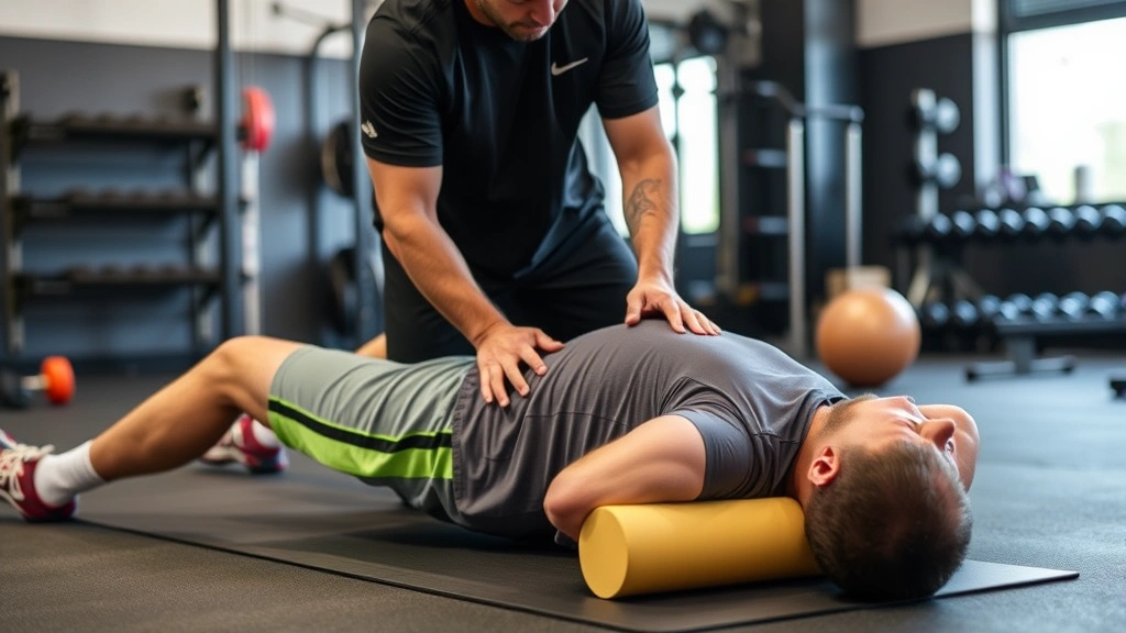 Athletic trainer performing mobility work and foam rolling recovery with football player, rehabilitation facility environment, emphasis on injury prevention and recovery protocols