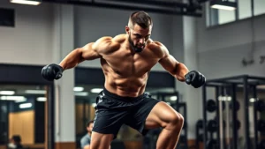 Athletic male football player performing explosive box jump in modern gym, muscular physique, intense focus, professional lighting, weight room background