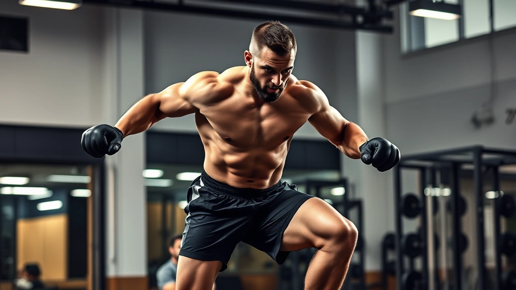 Athletic male football player performing explosive box jump in modern gym, muscular physique, intense focus, professional lighting, weight room background