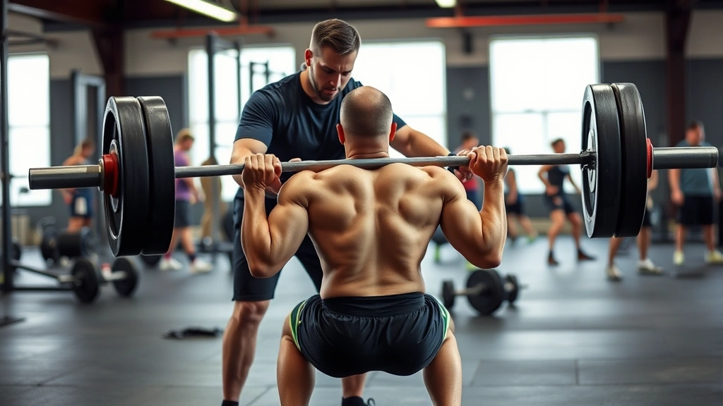 Strength coach spotting athlete during heavy barbell back squat exercise, proper form demonstration, multiple athletes training in background, professional facility