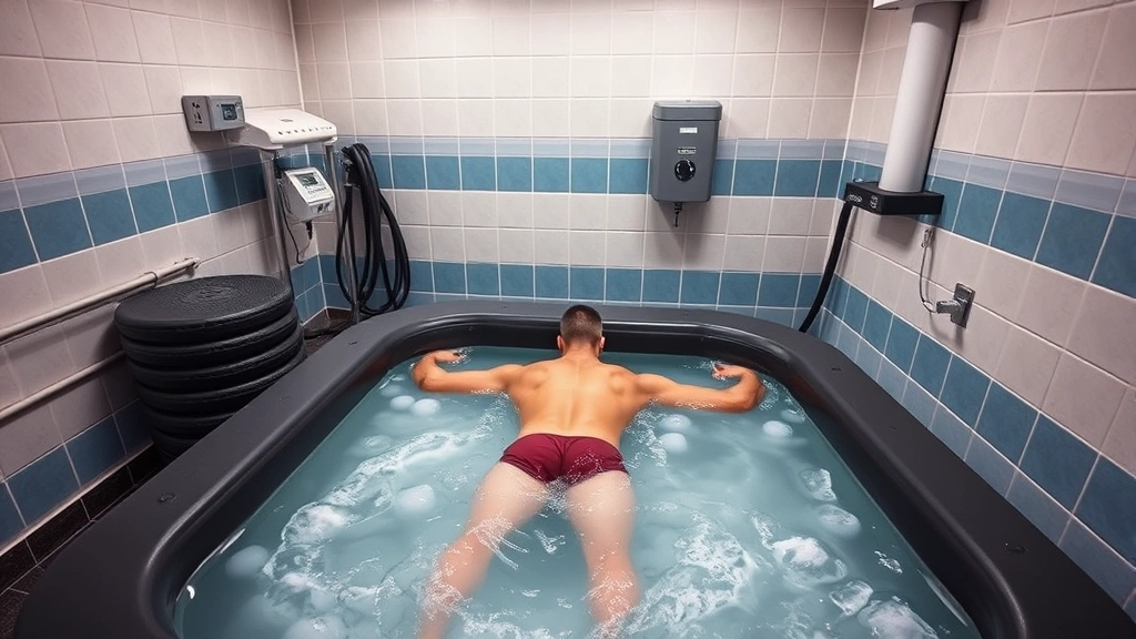Recovery scene: athlete in ice bath or cold plunge therapy facility, dedicated recovery room with modern equipment, visible temperature control, professional athletic training center
