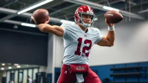 Athletic quarterback in Alabama uniform performing explosive medicine ball rotational throw in training facility, demonstrating powerful core rotation and athletic positioning, modern gym environment with professional lighting