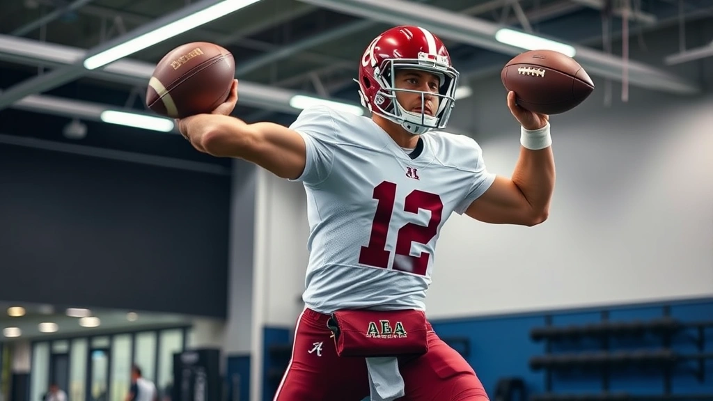 Athletic quarterback in Alabama uniform performing explosive medicine ball rotational throw in training facility, demonstrating powerful core rotation and athletic positioning, modern gym environment with professional lighting