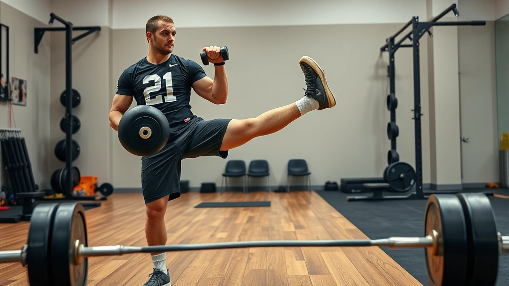 College quarterback executing single-leg Romanian deadlift with heavy dumbbell, showcasing lower body strength and balance control, athletic training facility with wooden floors and professional setup