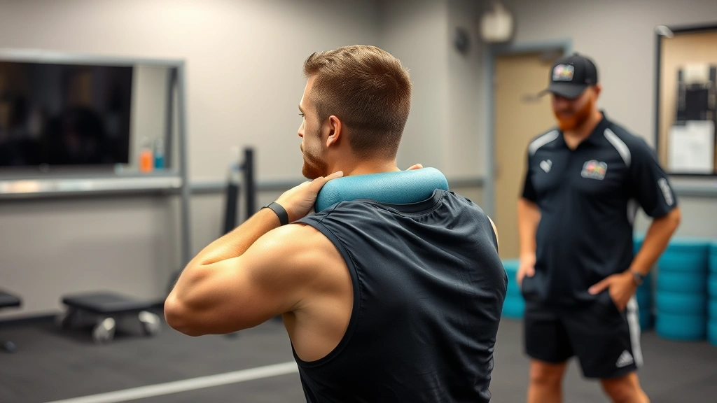 Elite quarterback performing post-training foam rolling on thoracic spine and shoulder region, demonstrating recovery protocol execution, recovery room environment with professional athletic trainer supervision nearby