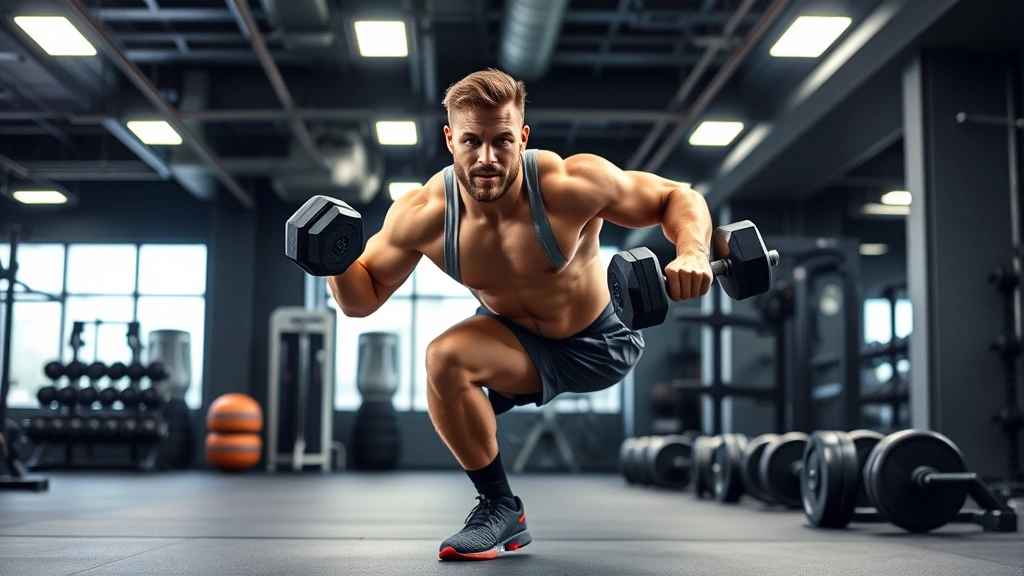 Athletic male football player performing explosive single-leg squat exercise in modern gym with dumbbells, intense focused expression, professional lighting, athletic wear