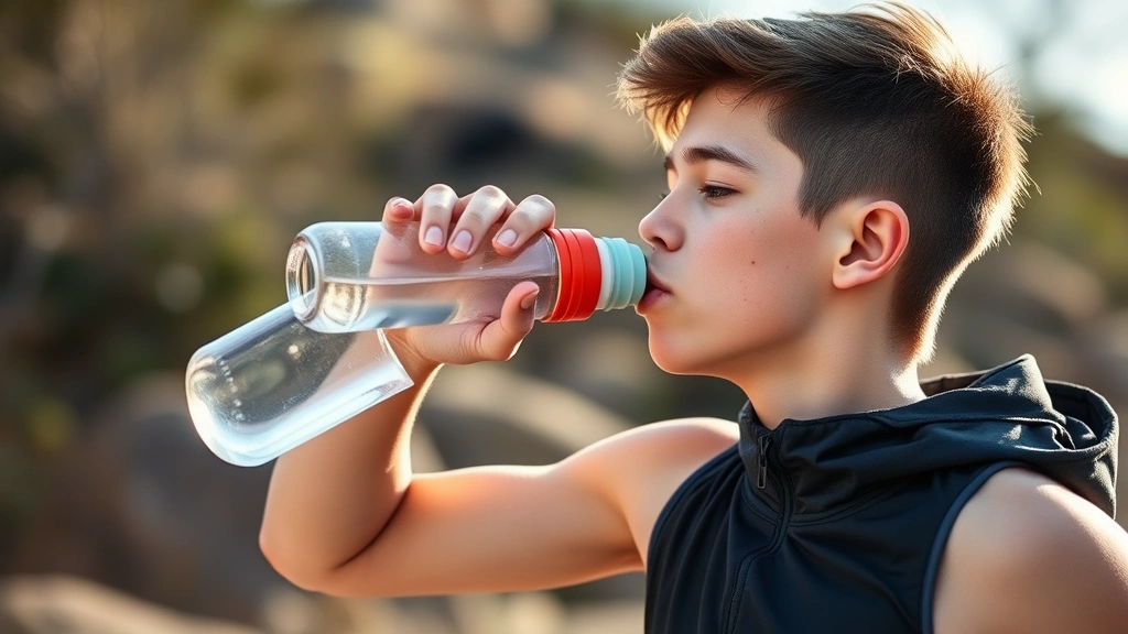 Young athlete drinking water from sports bottle during outdoor training session, hydration focus, natural daylight, athletic clothing, energetic posture