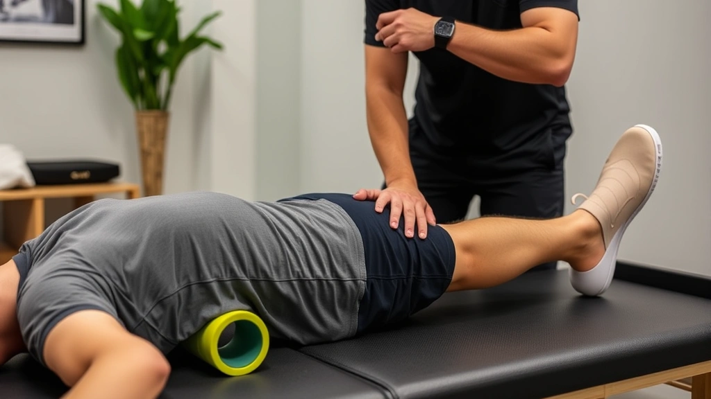 Professional sports massage therapist performing myofascial release on athlete's leg using foam roller, recovery focus, clinical setting, therapeutic positioning