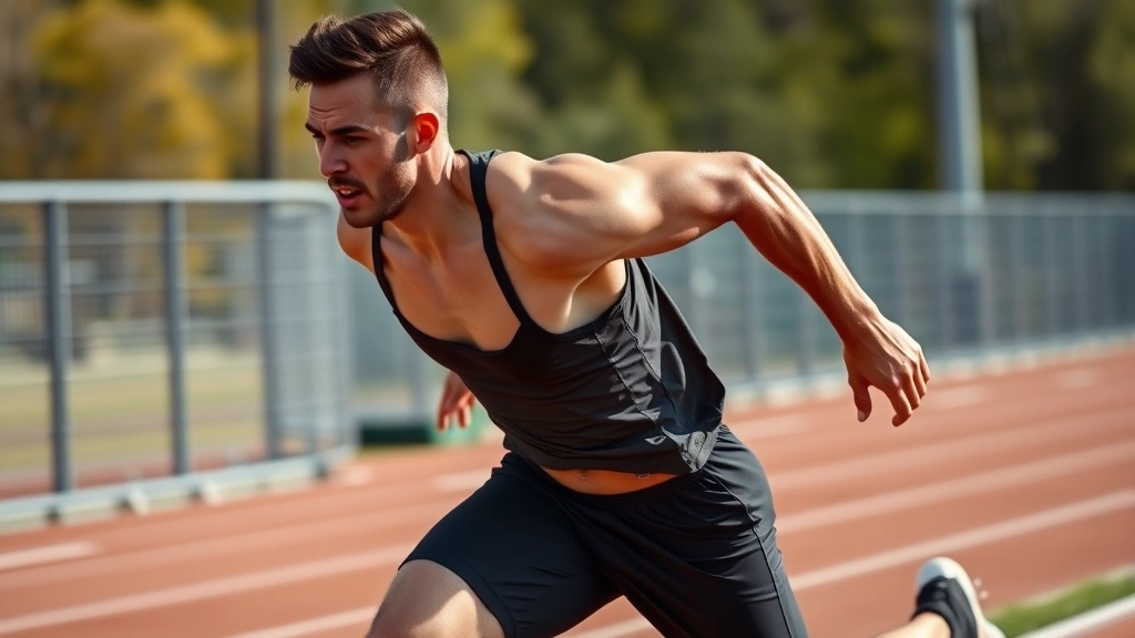 Athletic male sprinting at full speed on outdoor track with determination and intensity, muscles engaged, motion captured mid-stride, professional sports photography