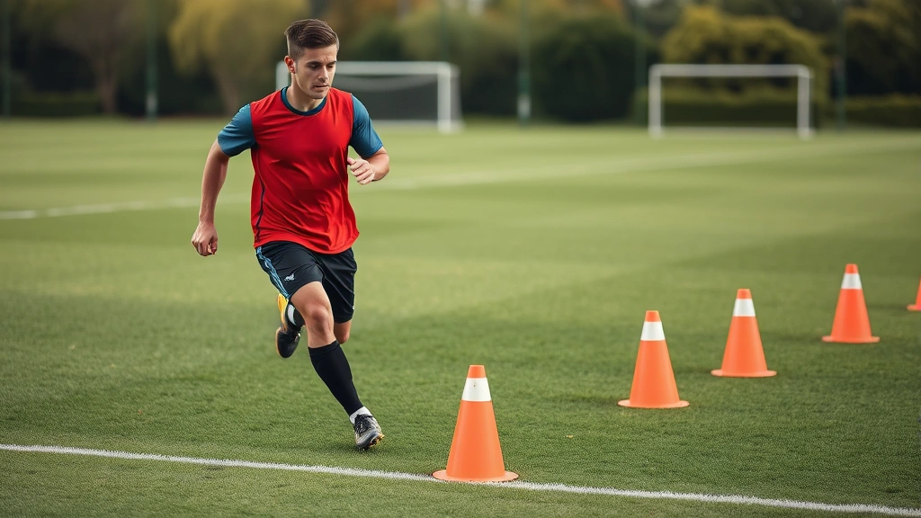 Young male football player performing shuttle runs between cones on grass field, agility training, competitive intensity, athletic conditioning drill, outdoor sports photography