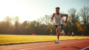 Athletic male runner sprinting on outdoor track in morning sunlight, muscles engaged, intense focus, professional sports photography, no text or labels visible