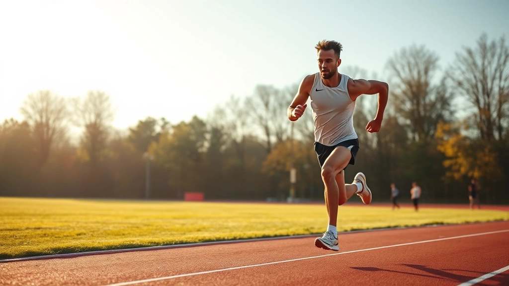 Athletic male runner sprinting on outdoor track in morning sunlight, muscles engaged, intense focus, professional sports photography, no text or labels visible
