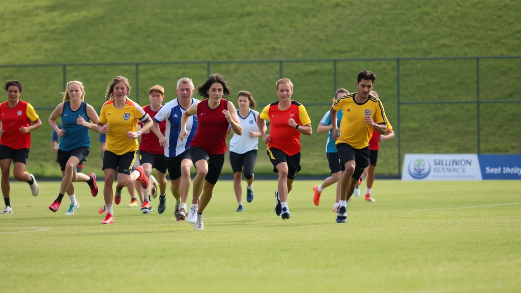 Group of competitive athletes doing shuttle run drills on grass field, multiple people in action, dynamic movement, afternoon natural light, team training environment, no visible text