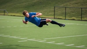 Athletic football player performing explosive plyometric jump training on grass field, demonstrating power development with intense focus and proper form