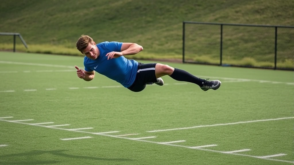 Athletic football player performing explosive plyometric jump training on grass field, demonstrating power development with intense focus and proper form