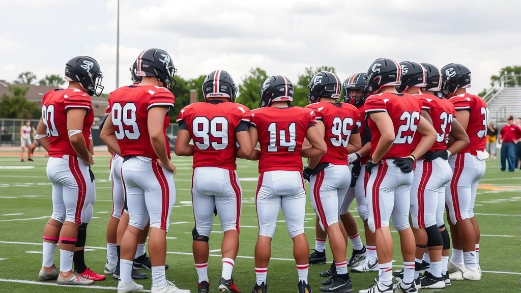 Team of college football players in huddle formation discussing strategy with coaching staff, showing communication and preparation before game execution