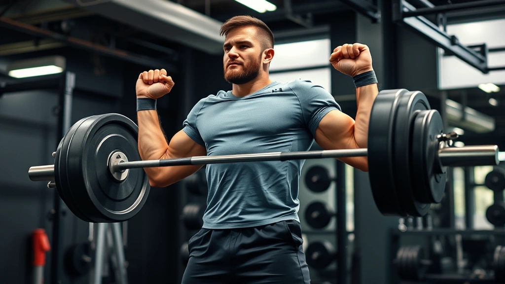 Football athlete performing strength training with barbell in professional weight room, demonstrating compound lift with perfect form and controlled movement