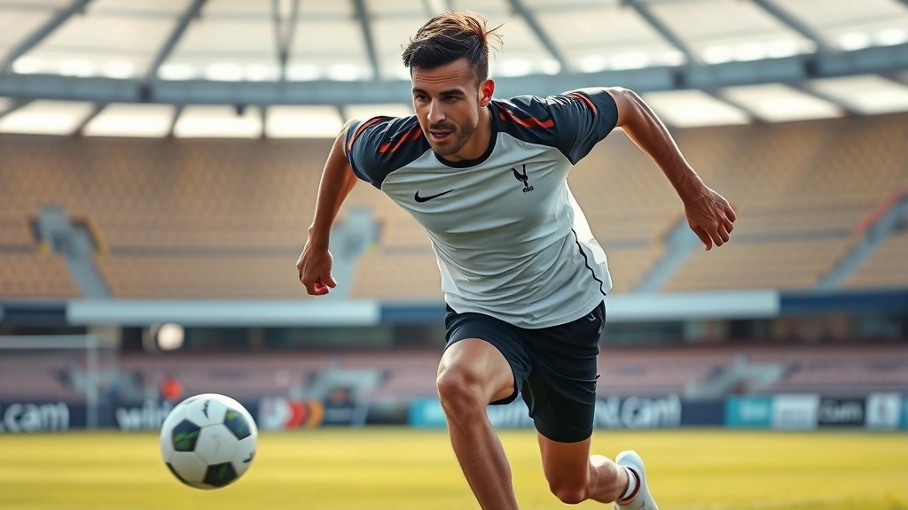 Professional soccer player performing high-intensity sprint training on grass field, dynamic motion capture, sweat visible, intense athletic effort, professional stadium background