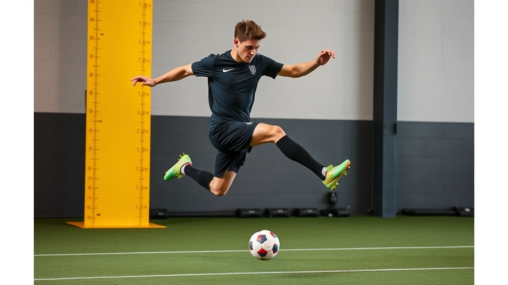 Soccer athlete executing explosive vertical jump test with measurement markers, full body extension, athletic performance assessment, indoor training facility setting