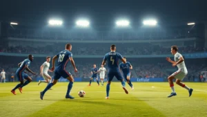 Professional soccer players in tactical formation on field, demonstrating 4-2-3-1 defensive structure with midfielder positioning, dynamic action shot, bright stadium lighting, focused intensity