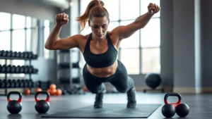Athletic woman performing burpees in modern gym with kettlebells and dumbbells visible, intense effort expression, dynamic movement captured mid-action, natural lighting, workout clothes