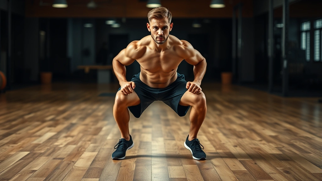 Fit male athlete doing jump squats on wooden gym floor with blurred background, explosive power movement, athletic build, focused expression, professional fitness environment