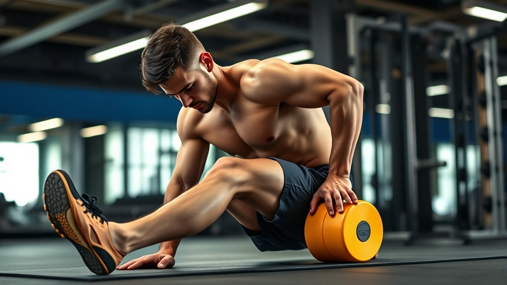 Professional male athlete in gym doing PNF stretching technique with foam roller on hamstrings, focused intensity, warm lighting, gym equipment visible but not prominent