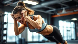 Athletic woman performing explosive burpee in modern gym, intense expression, sweat visible, bright lighting, dynamic motion blur, professional fitness setting