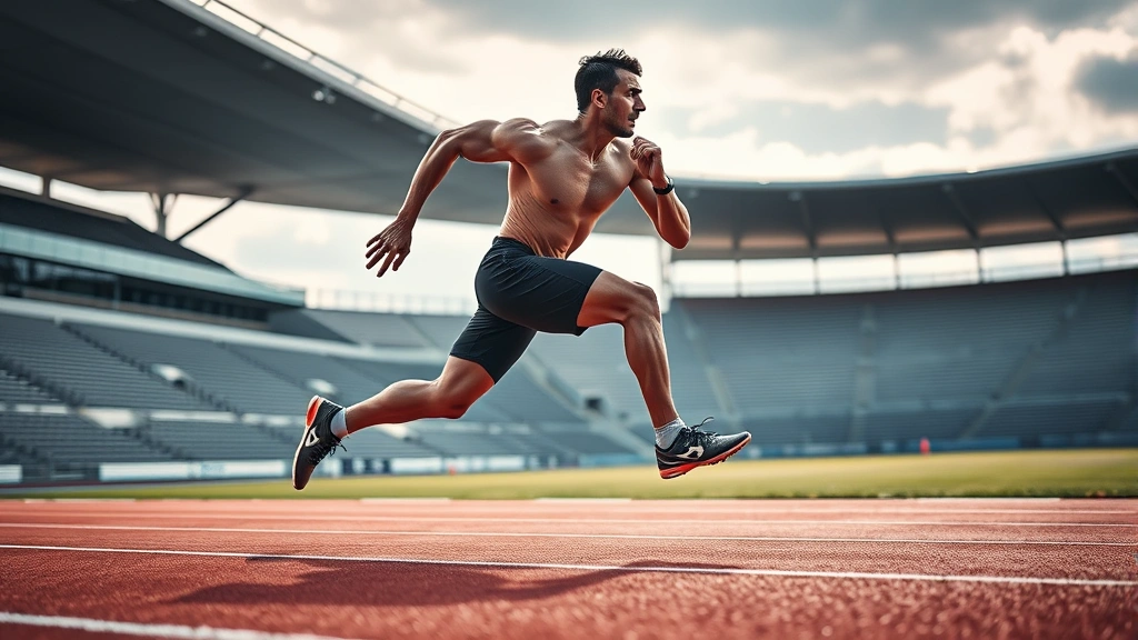 Muscular athlete sprinting on track with maximum effort, legs extended mid-stride, outdoor stadium environment, dramatic lighting, action-focused photography