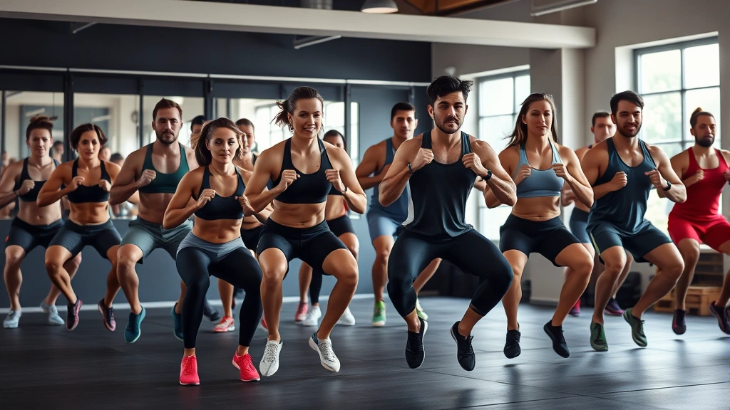 Diverse group of fit people doing jump squats simultaneously in functional fitness gym, focused expressions, varied body types, energetic atmosphere, natural movement
