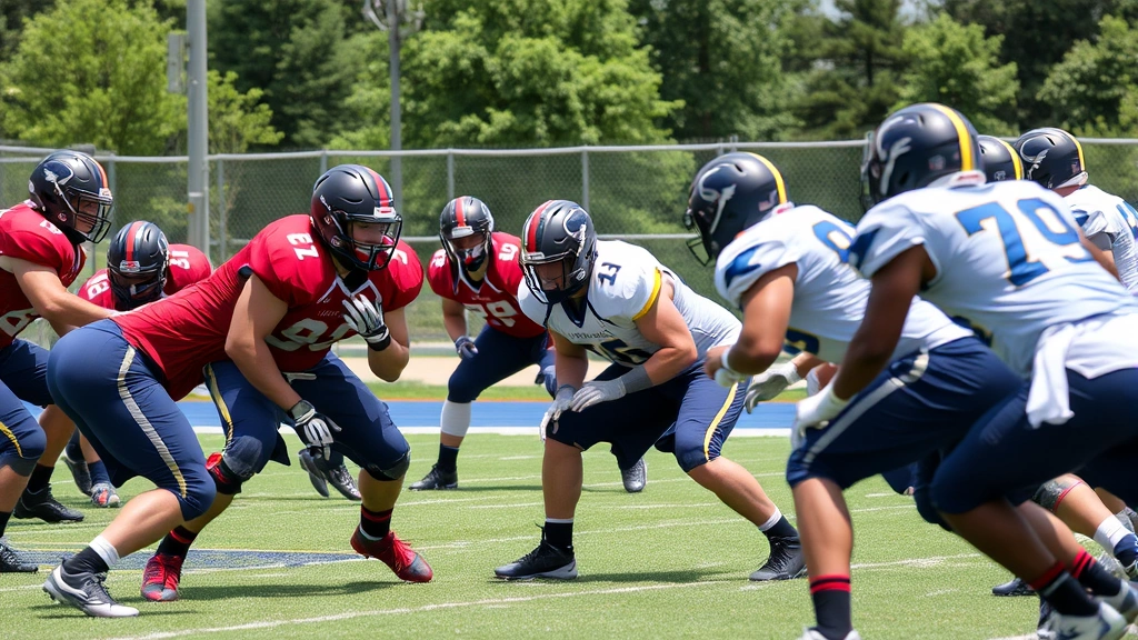 High school football players executing defensive gap assignments during intense practice drill, multiple defenders positioned in proper stance with focused expressions, natural daylight setting
