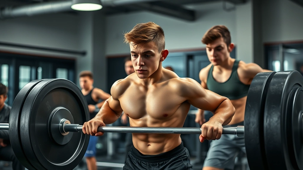 Young athletes performing explosive barbell deadlifts in modern weight room with proper form, muscles engaged, sweat visible, focused determination on faces, professional strength facility