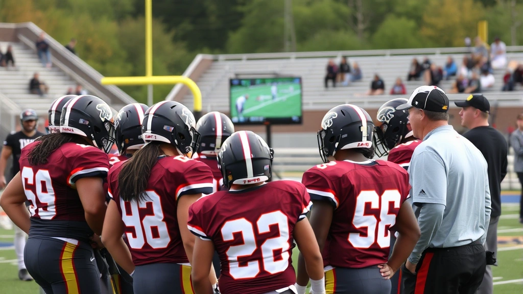 Football team huddled together in intense concentration reviewing game film on sideline monitor during practice, players watching intently with coaching staff present, competitive atmosphere