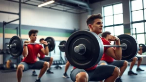 High school football players performing barbell back squats with proper form in a modern strength training facility, intense focus and determination on their faces, bright gym lighting