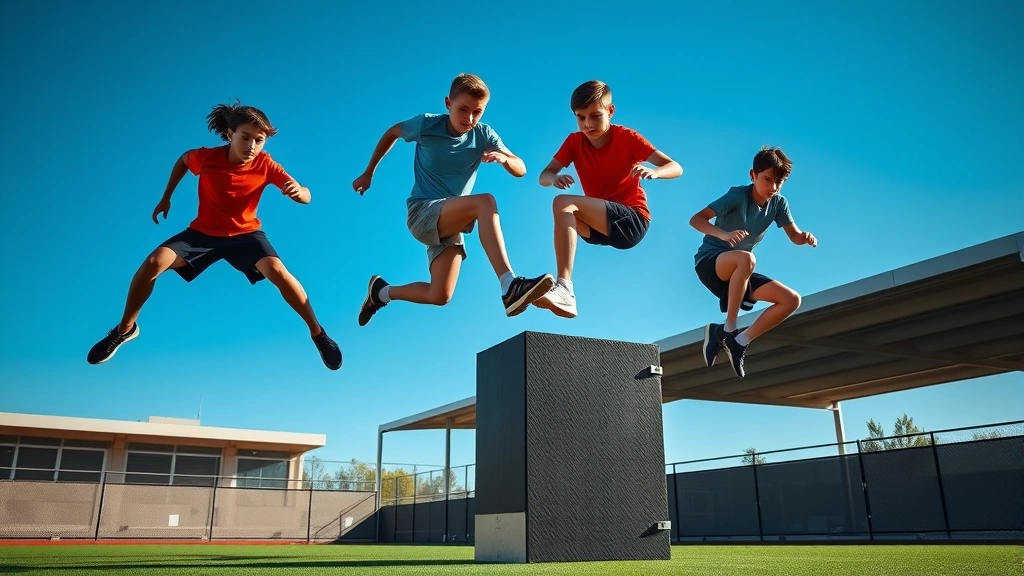Young athletes explosively jumping off a box during plyometric training, mid-air with powerful leg extension, outdoor training facility with blue sky background, dynamic movement captured