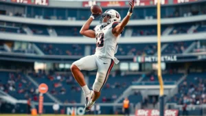 College football player performing explosive vertical jump during practice, athletic male in motion, dynamic power demonstration, stadium background blurred, photorealistic, high-intensity effort, no jersey numbers visible