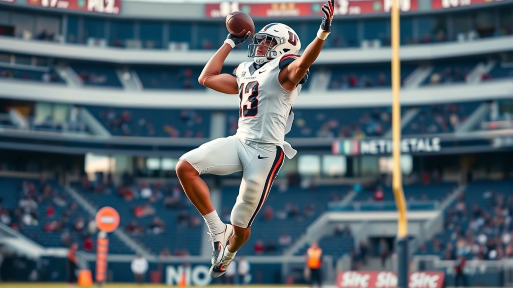College football player performing explosive vertical jump during practice, athletic male in motion, dynamic power demonstration, stadium background blurred, photorealistic, high-intensity effort, no jersey numbers visible