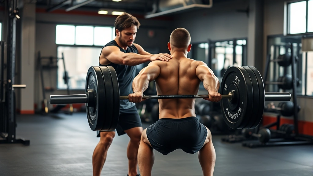 Strength and conditioning coach spotting athlete during heavy barbell back squat, athletic development in gym setting, proper form demonstration, focus on leg power development, photorealistic fitness training