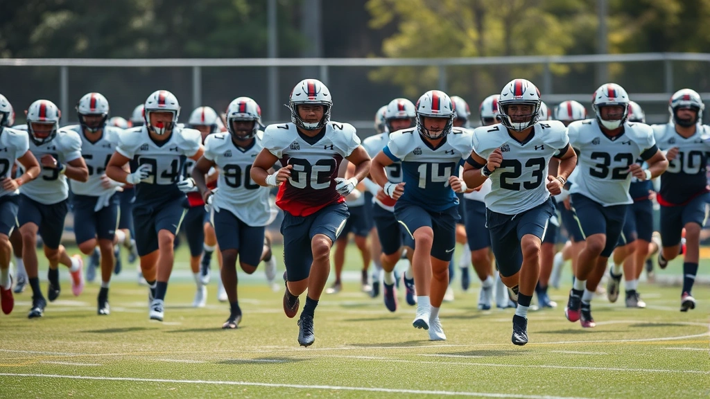 College football players performing high-intensity interval conditioning drill, multiple athletes sprinting in organized formation, outdoor practice field, exhaustion and effort visible, team training emphasis, photorealistic action shot