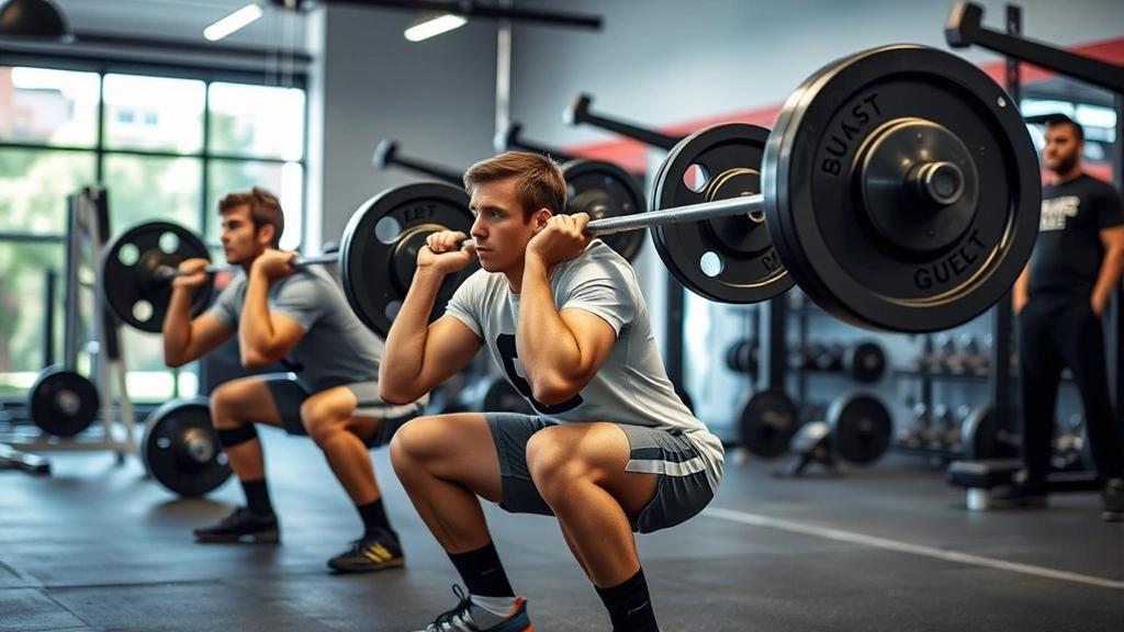 College football players performing heavy barbell back squats in a modern weight room with Olympic plates, demonstrating perfect form with spotters nearby, intense focused expressions, professional gym setting with equipment in background