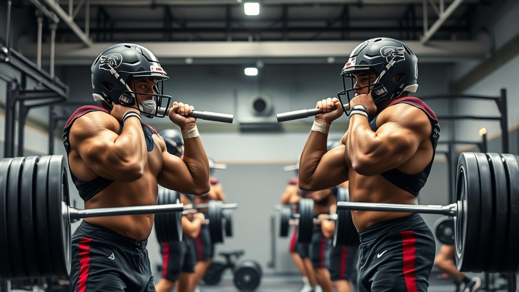 Football athletes executing explosive power clean movements with perfect catch position, metal barbells mid-lift, athletic physiques, concentrated determination, well-lit strength training facility with other training equipment visible