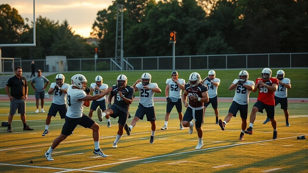 Diverse college football team doing dynamic stretching and mobility work on practice field at sunset, players in athletic gear performing leg swings and hip mobility drills, coaches observing, natural golden hour lighting