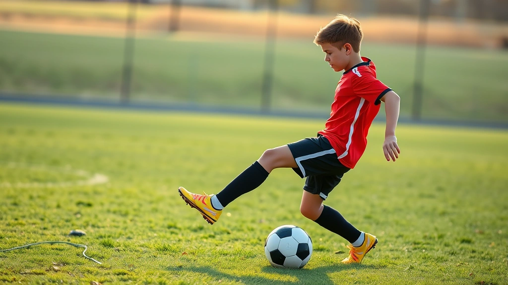 Young soccer player in athletic stance performing precision ball control drill on grass field, focused expression, morning sunlight, dynamic action pose
