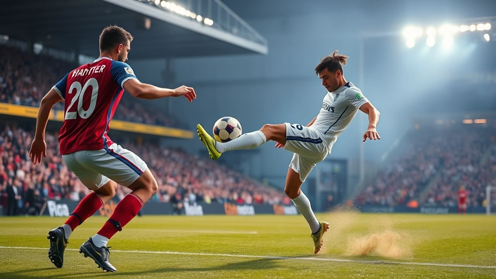 Football player executing powerful kick during competitive match, intense effort visible, opponent defending nearby, dynamic action moment, outdoor stadium