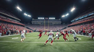 Wide-angle stadium view of college football game in progress with players in mid-play action, packed crowd in background, professional field lighting, dramatic moment during competition