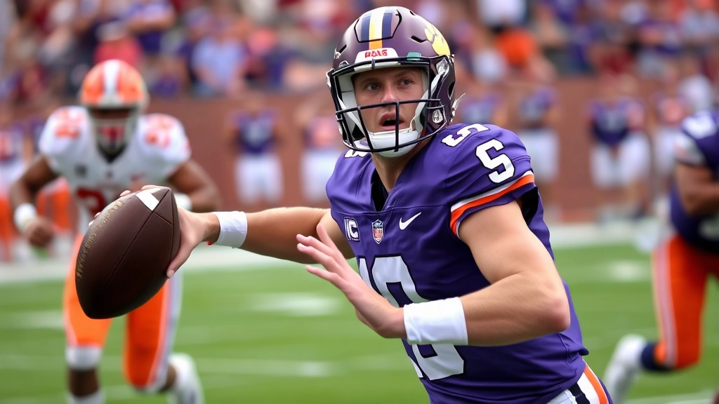 Close-up of quarterback in Clemson purple uniform mid-throw during game, focused facial expression, football in motion, defensive player approaching, intense game action