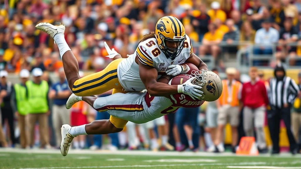 Defensive back in App State uniform making diving tackle on receiver, athletic bodies in mid-collision, football visible, stadium crowd blurred in background, highlight-reel defensive play