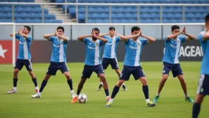 Professional soccer players in Argentina blue and white jerseys performing dynamic warm-up stretches on pristine grass field before match, focused intensity and athletic preparation visible