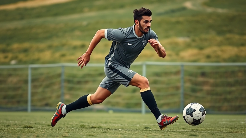 Professional male football player performing explosive sprint acceleration on grass field, focused intense expression, dynamic leg drive and body position, action shot mid-stride