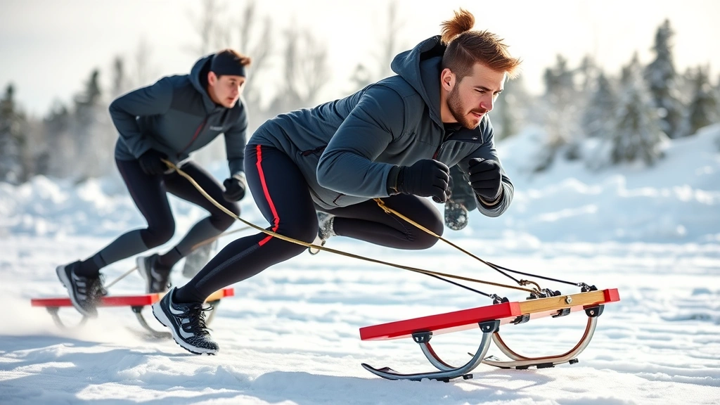 Elite athlete performing weighted sled push training outdoors, snow-covered background, powerful leg drive and forward lean, winter conditioning session